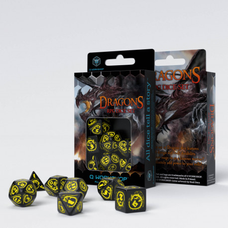 Buy Q Workshop: Dragons Black & Yellow Dice Set (7) only at Bored Game Company.