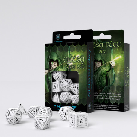 Buy Q Workshop: Elvish White & Black Dice Set (7) only at Bored Game Company.