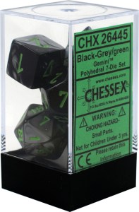 Buy Chessex - Gemini - Poly Set (x7) - Black-Grey/Green only at Bored Game Company.