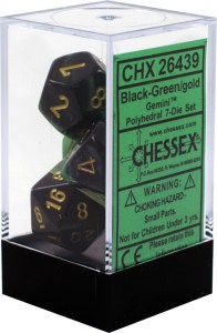 Buy Chessex - Gemini - Poly Set (x7) - Black-Green/Gold only at Bored Game Company.