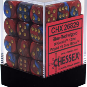 Buy Chessex - Gemini - 12mm D6 (x36) - Blue-Red/Gold only at Bored Game Company.