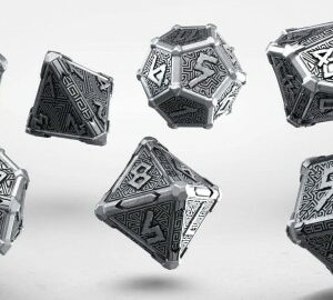 Buy Q Workshop: Metal Mythical Dice Set (7) - Silver/Black only at Bored Game Company.