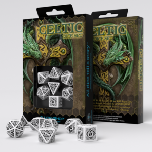 Buy Q Workshop: Celtic 3D Revised White & Black Dice Set (7) only at Bored Game Company.