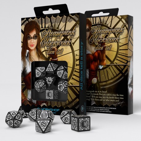 Buy Q Workshop: Steampunk Clockwork Black & White Dice Set (7) only at Bored Game Company.